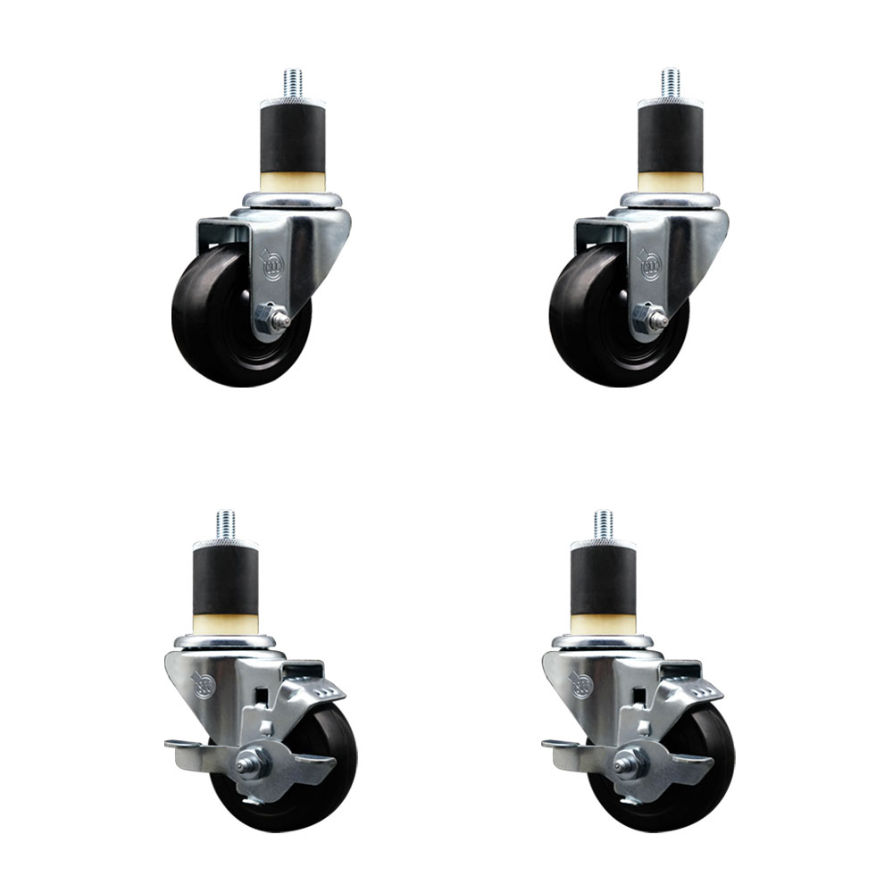 Soft Rubber Swivel Expanding Stem Caster Set of 4 with 3 Inch Black Wheels and 1-7/8" Stems - Includes 2 with Top Locking Brakes - 700 lbs Total Capacity - Service Caster Brand — photo 1