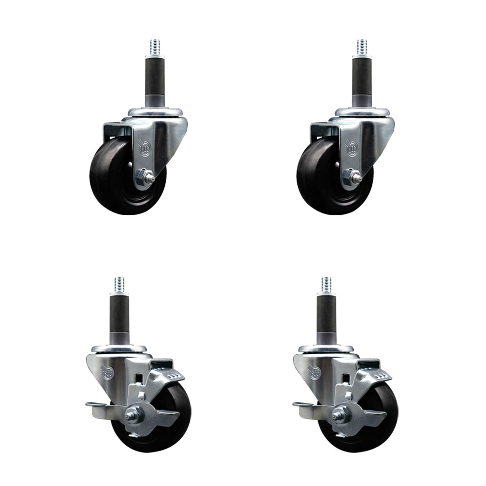 Soft Rubber Swivel Expanding Stem Caster Set of 4 with 3 Inch Black Wheels and 1" Stems - Includes 2 with Top Locking Brakes - 700 lbs Total Capacity - Service Caster Brand — photo 1