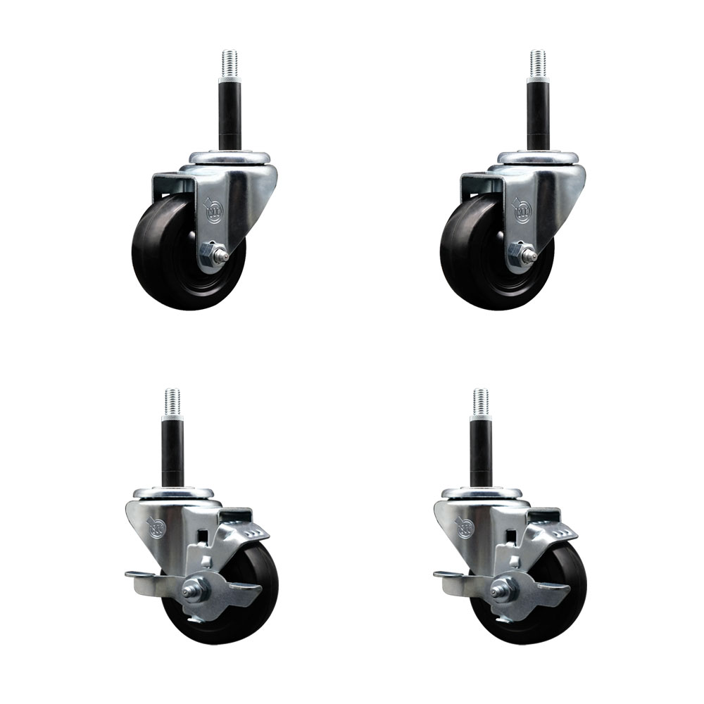 Stainless Steel Hard Rubber Swivel Expanding Stem Caster Set of 4 w/3" x 1.25" Black Wheels and 3/4" Stems - Includes 2 with Top Locking Brake - 1100 lbs Total Capacity - Service Caster Brand — photo 1