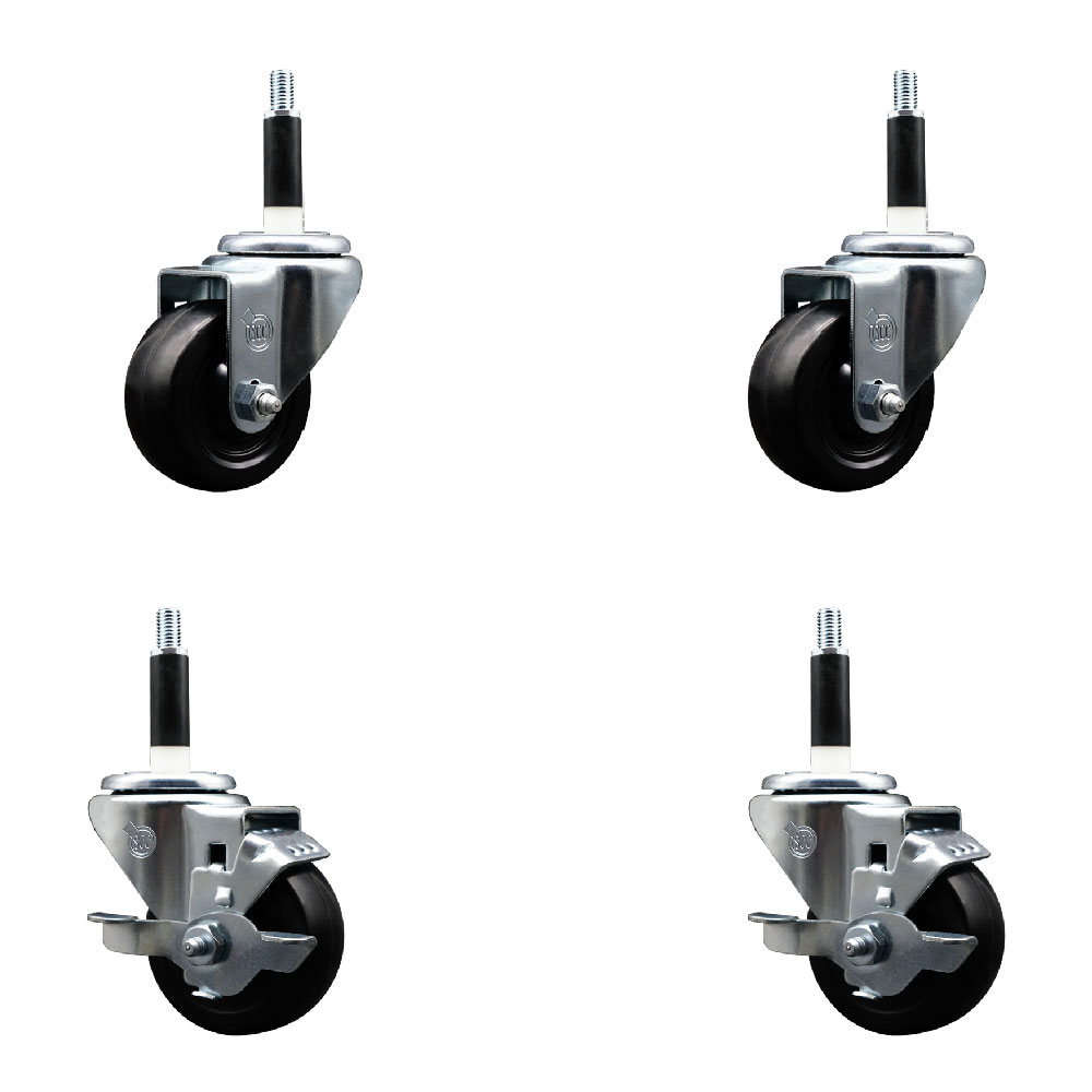 Hard Rubber Swivel Expanding Stem Caster Set of 4 w/3" x 1.25" Black Wheels and 7/8" Stems - Includes 2 with Top Locking Brake - 1100 lbs Total Capacity - Service Caster Brand — photo 1