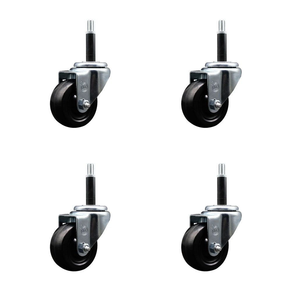 Soft Rubber Swivel Expanding Stem Caster Set of 4 with 3 Inch Black Wheels and 3/4" Stems - 175 lbs. Capacity Per Caster - Service Caster Brand — photo 1