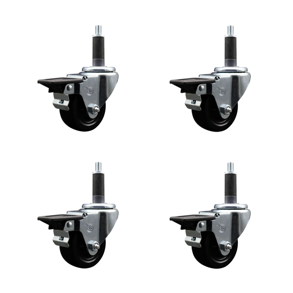 Hard Rubber Swivel Expanding Stem Caster Set of 4 w/3" x 1.25" Black Wheels and 1" Stems - Includes 4 with Posi Lock Brakes - 1100 lbs Total Capacity - Service Caster Brand — photo 1