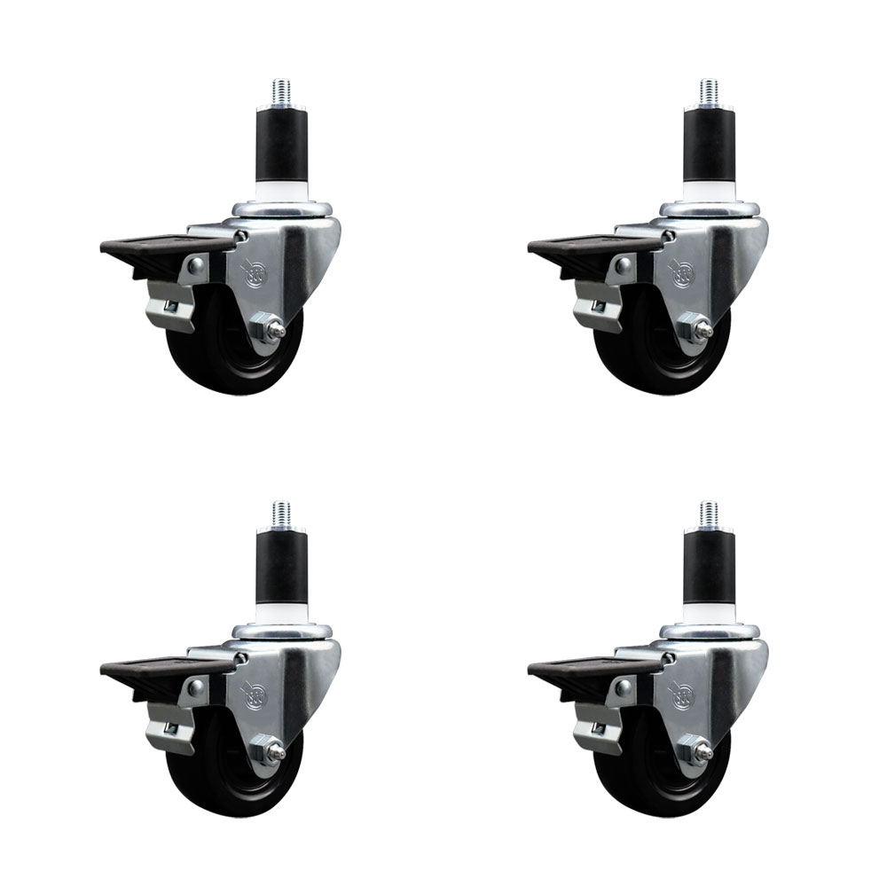 Soft Rubber Swivel Expanding Stem Caster Set of 4 with 3 Inch Black Wheels and 1-1/2" Stems - Includes 4 Swivel with Posi Locking Brakes - 175 lbs. Capacity Per Caster - Service Caster Brand — photo 1