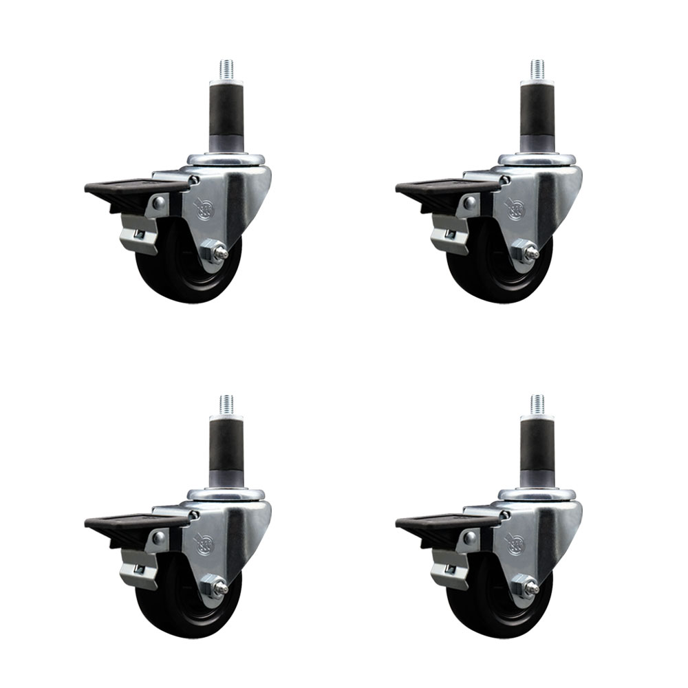 Soft Rubber Swivel Expanding Stem Caster Set of 4 with 3 Inch Black Wheels and 1-1/4" Stems - Includes 4 Swivel with Posi Locking Brakes - 175 lbs. Capacity Per Caster - Service Caster Brand — photo 1