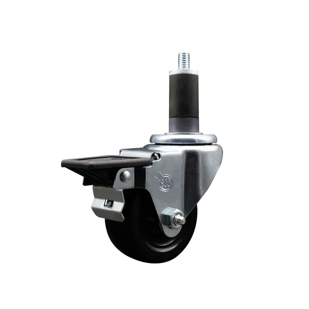 Soft Rubber Expanding Stem Swivel Caster with 3 Inch Black Wheel and 1-1/4" Stem & Posi Locking Brake - 175 lbs. Capacity Per Caster - Service Caster Brand — photo 1
