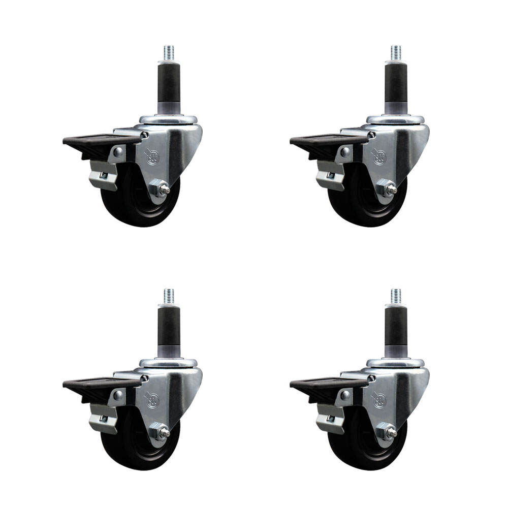 Hard Rubber Swivel Expanding Stem Caster Set of 4 w/3" x 1.25" Black Wheels and 1-1/8" Stems - Includes 4 with Posi Lock Brakes - 1100 lbs Total Capacity - Service Caster Brand — photo 1