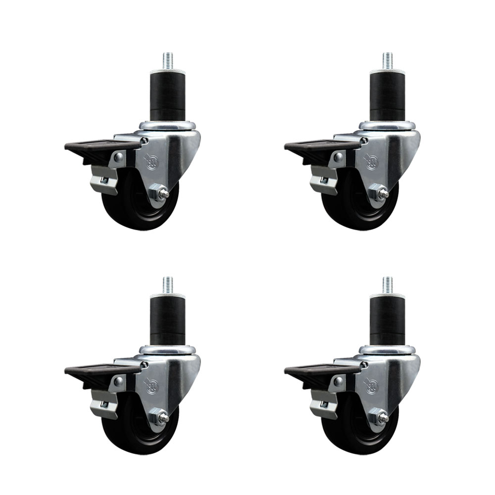 Hard Rubber Swivel Expanding Stem Caster Set of 4 w/3" x 1.25" Black Wheels and 1-3/4" Stems - Includes 4 with Posi Lock Brakes - 1100 lbs Total Capacity - Service Caster Brand — photo 1