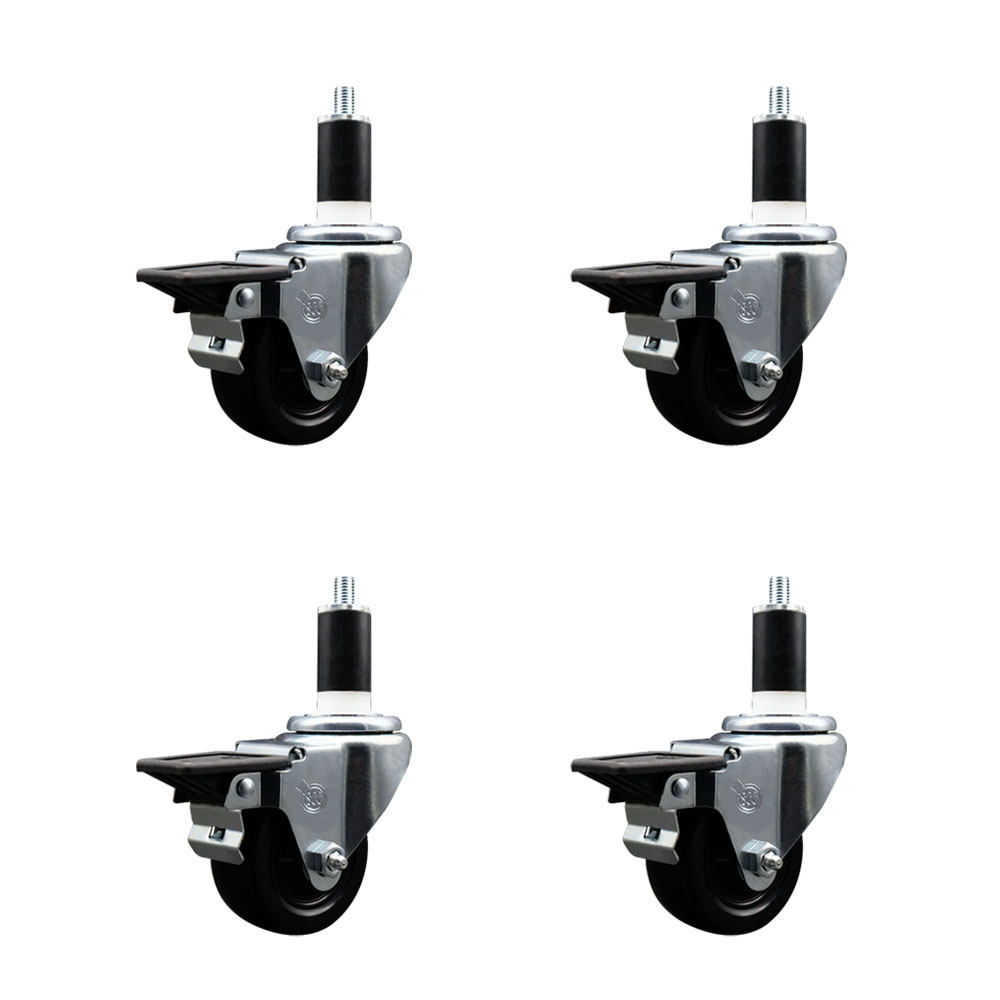 Soft Rubber Swivel Expanding Stem Caster Set of 4 with 3 Inch Black Wheels and 1-3/8" Stems - Includes 4 Swivel with Posi Locking Brakes - 175 lbs. Capacity Per Caster - Service Caster Brand — photo 1