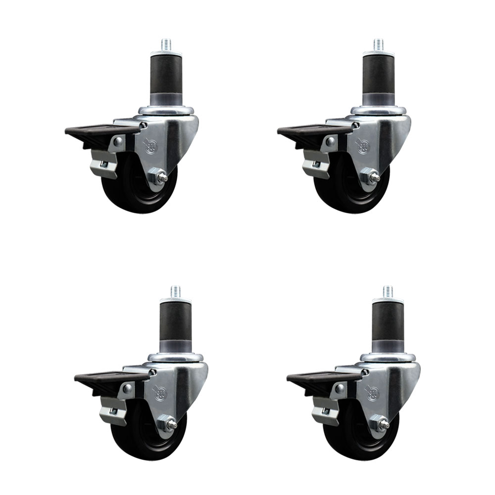 Hard Rubber Swivel Expanding Stem Caster Set of 4 w/3" x 1.25" Black Wheels and 1-5/8" Stems - Includes 4 with Posi Lock Brakes - 1100 lbs Total Capacity - Service Caster Brand — photo 1