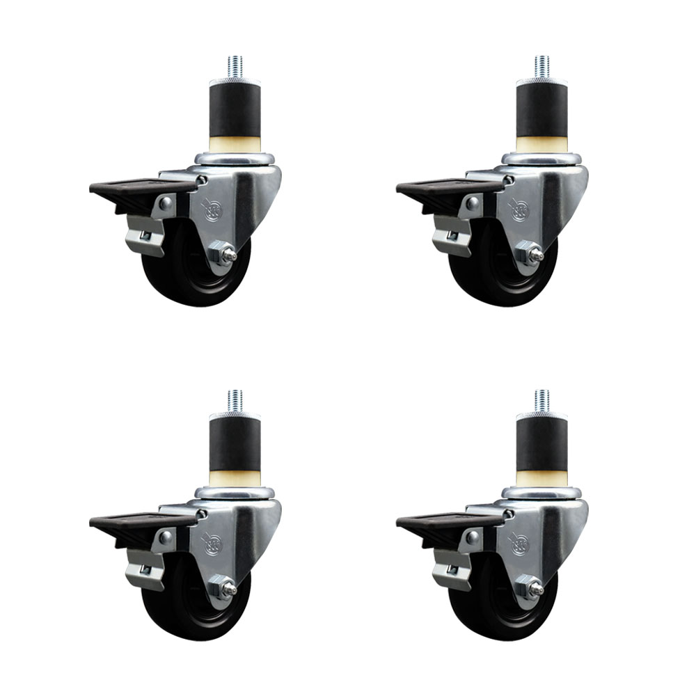 Soft Rubber Swivel Expanding Stem Caster Set of 4 with 3 Inch Black Wheels and 1-7/8" Stems - Includes 4 Swivel with Posi Locking Brakes - 175 lbs. Capacity Per Caster - Service Caster Brand — photo 1