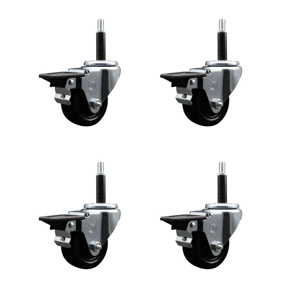 Soft Rubber Swivel Expanding Stem Caster Set of 4 with 3 Inch Black Wheels and 3/4" Stems - Includes 4 Swivel with Posi Locking Brakes - 175 lbs. Capacity Per Caster - Service Caster Brand — photo 1