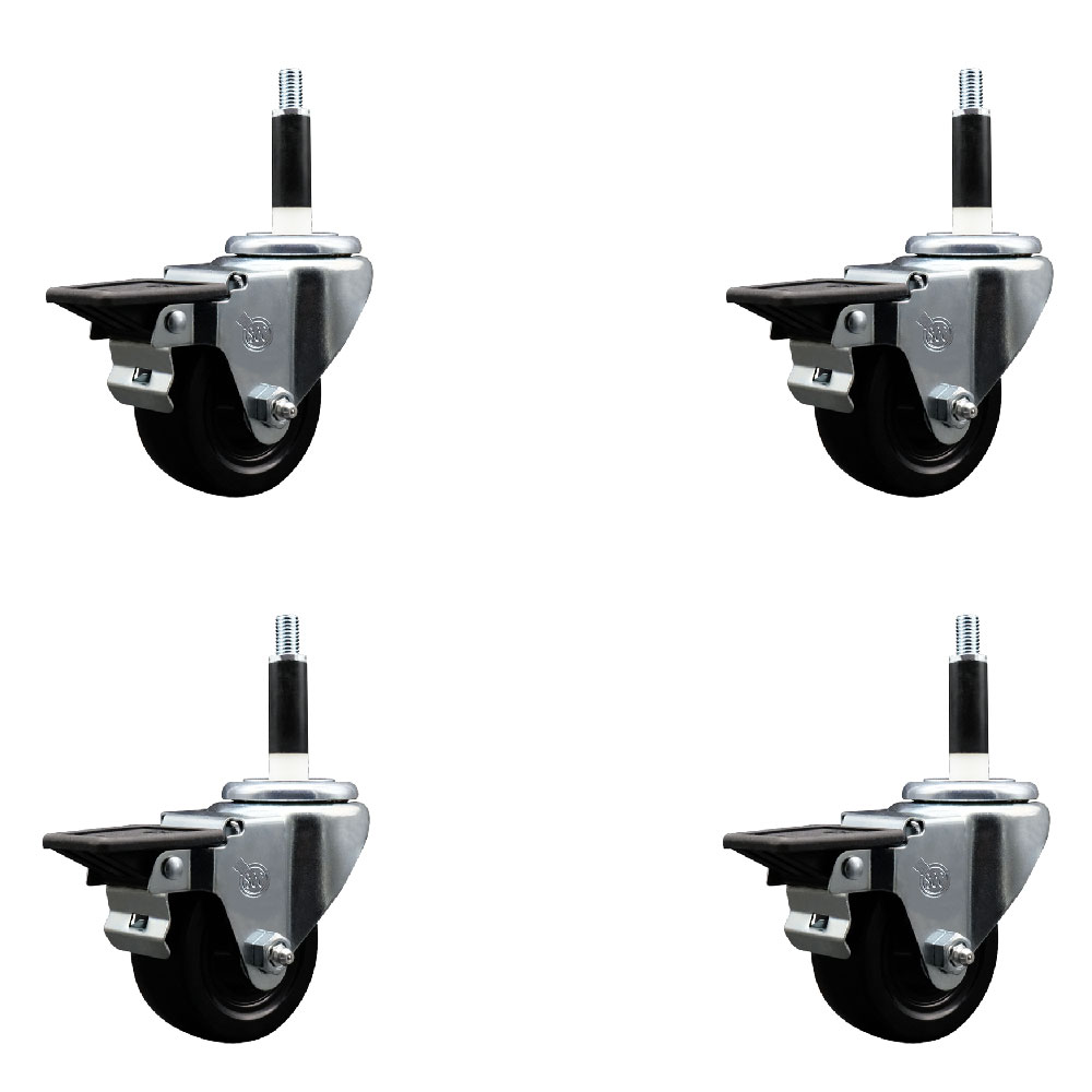 Hard Rubber Swivel Expanding Stem Caster Set of 4 w/3" x 1.25" Black Wheels and 7/8" Stems - Includes 4 with Posi Lock Brakes - 1100 lbs Total Capacity - Service Caster Brand — photo 1