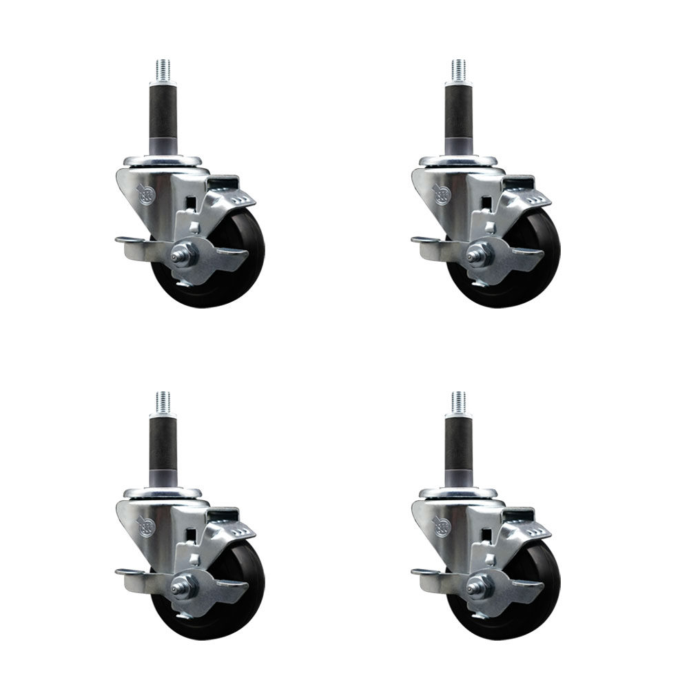 Stainless Steel Soft Rubber Swivel Expanding Stem Caster Set of 4 with 3 Inch Black Wheels and 1" Stems - 4 Swivel with Top Locking Brakes - 175 lbs. Capacity Per Caster - Service Caster Brand — photo 1