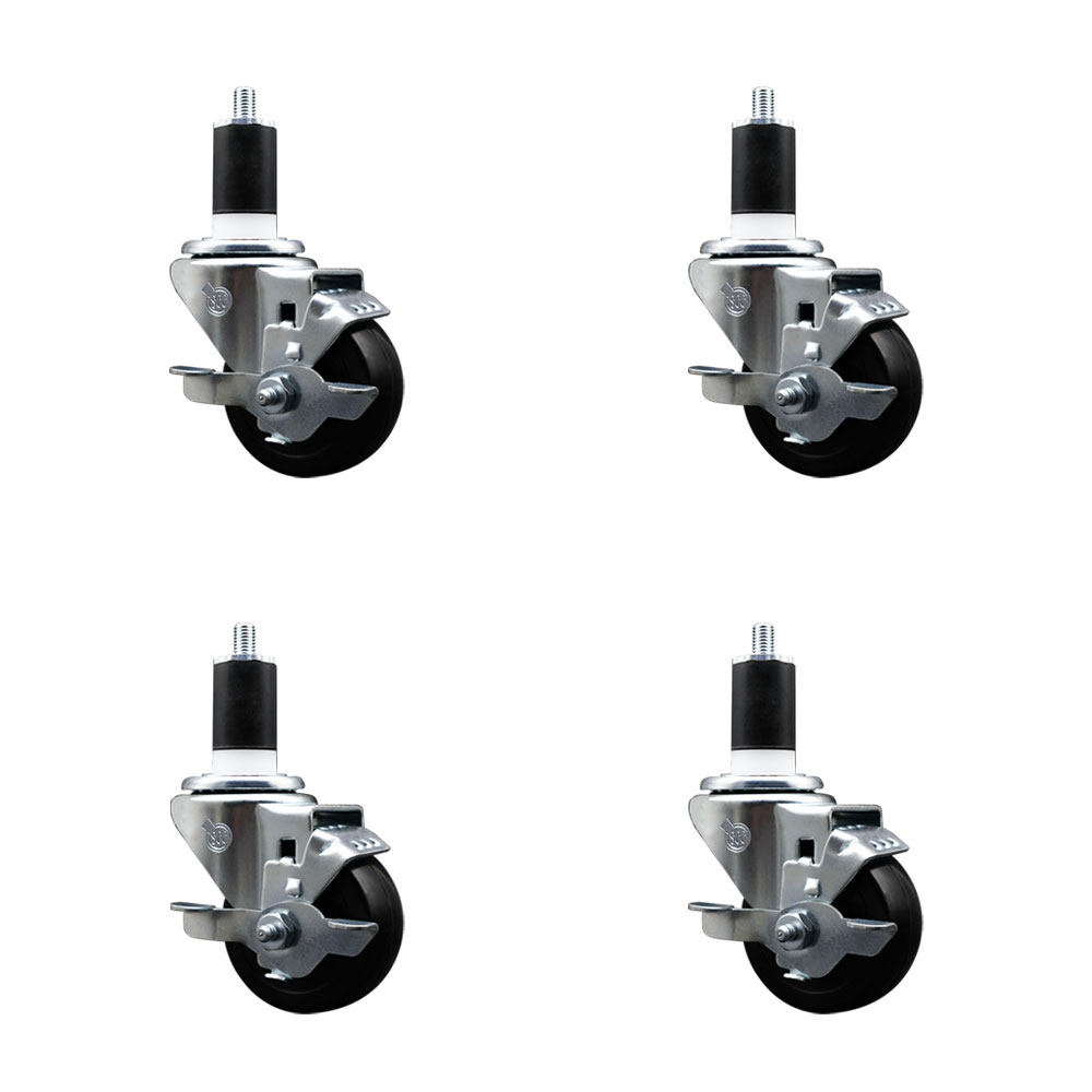 Hard Rubber Swivel Expanding Stem Caster Set of 4 w/3" x 1.25" Black Wheels and 1-1/2" Stems - Includes 4 with Top Lock Brakes - 1100 lbs Total Capacity - Service Caster Brand — photo 1