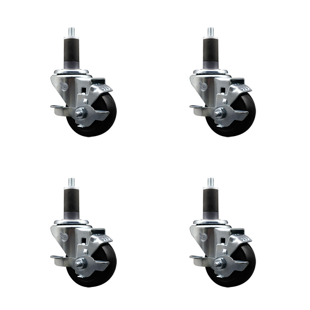 Soft Rubber Swivel Expanding Stem Caster Set of 4 with 3 Inch Black Wheels and 1-1/4" Stems - Includes 4 Swivel with Top Locking Brakes - 175 lbs. Capacity Per Caster - Service Caster Brand — photo 1