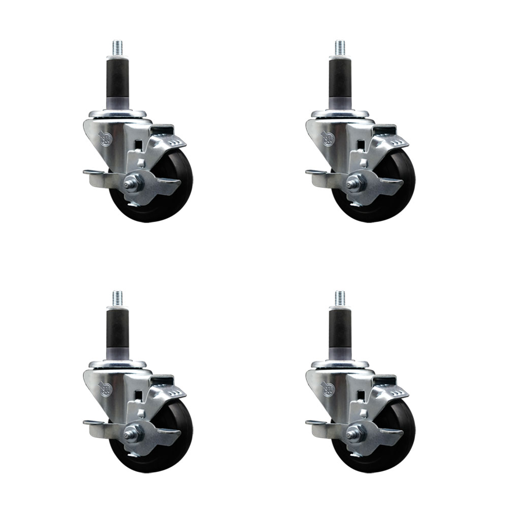 Stainless Steel Soft Rubber Swivel Expanding Stem Caster Set of 4 with 3 Inch Black Wheels and 1-1/8" Stems - 4 Swivel with Top Locking Brakes - 175 lbs. Capacity Per Caster - Service Caster Brand — photo 1