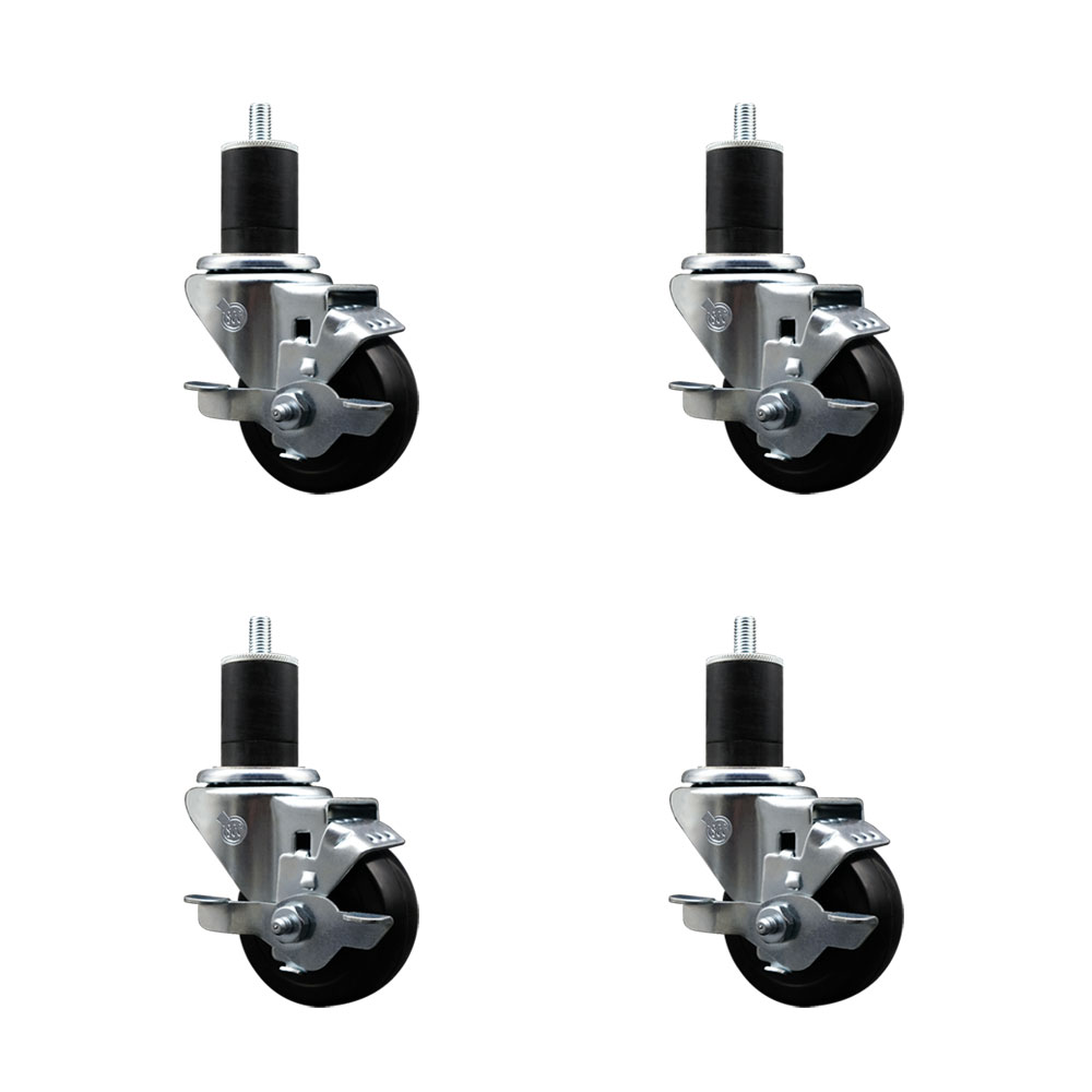 Soft Rubber Swivel Expanding Stem Caster Set of 4 with 3 Inch Black Wheels and 1-3/4" Stems - Includes 4 Swivel with Top Locking Brakes - 175 lbs. Capacity Per Caster - Service Caster Brand — photo 1