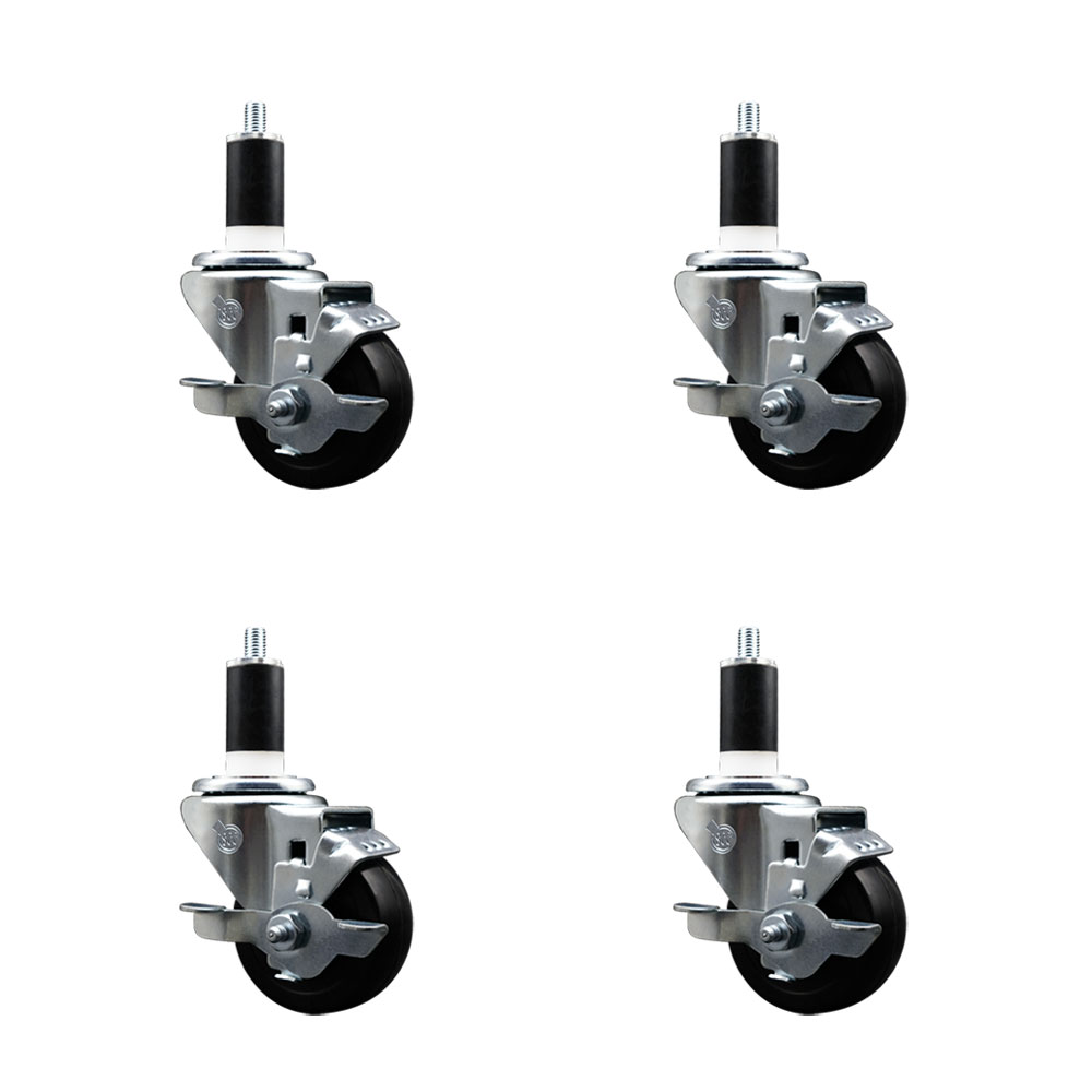 Soft Rubber Swivel Expanding Stem Caster Set of 4 with 3 Inch Black Wheels and 1-3/8" Stems - Includes 4 Swivel with Top Locking Brakes - 175 lbs. Capacity Per Caster - Service Caster Brand — photo 1