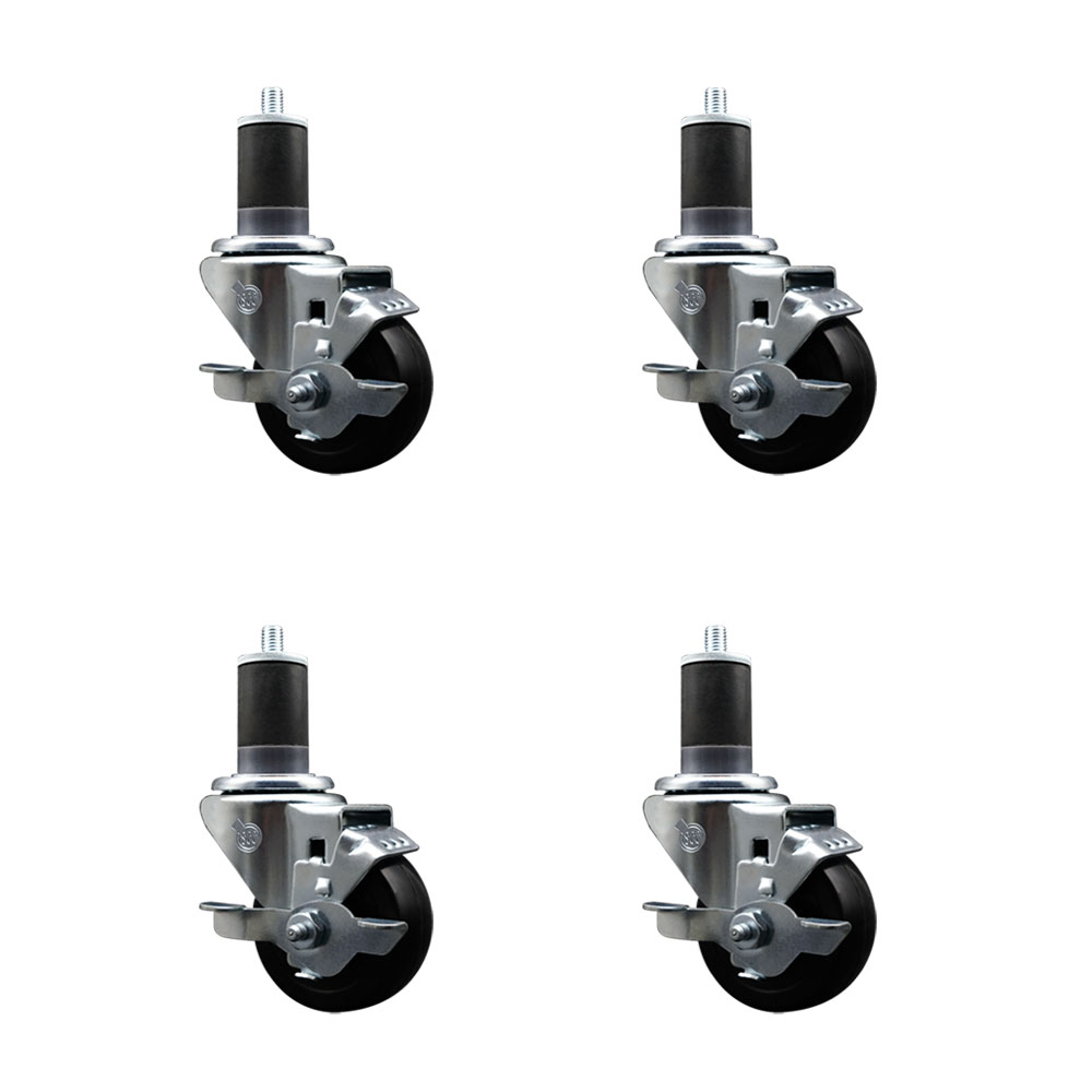 Stainless Steel Soft Rubber Swivel Expanding Stem Caster Set of 4 with 3 Inch Black Wheels and 1-5/8" Stems - 4 Swivel with Top Locking Brakes - 175 lbs. Capacity Per Caster - Service Caster Brand — photo 1