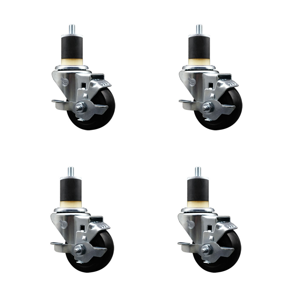 Soft Rubber Swivel Expanding Stem Caster Set of 4 with 3 Inch Black Wheels and 1-7/8" Stems - Includes 4 Swivel with Top Locking Brakes - 175 lbs. Capacity Per Caster - Service Caster Brand — photo 1