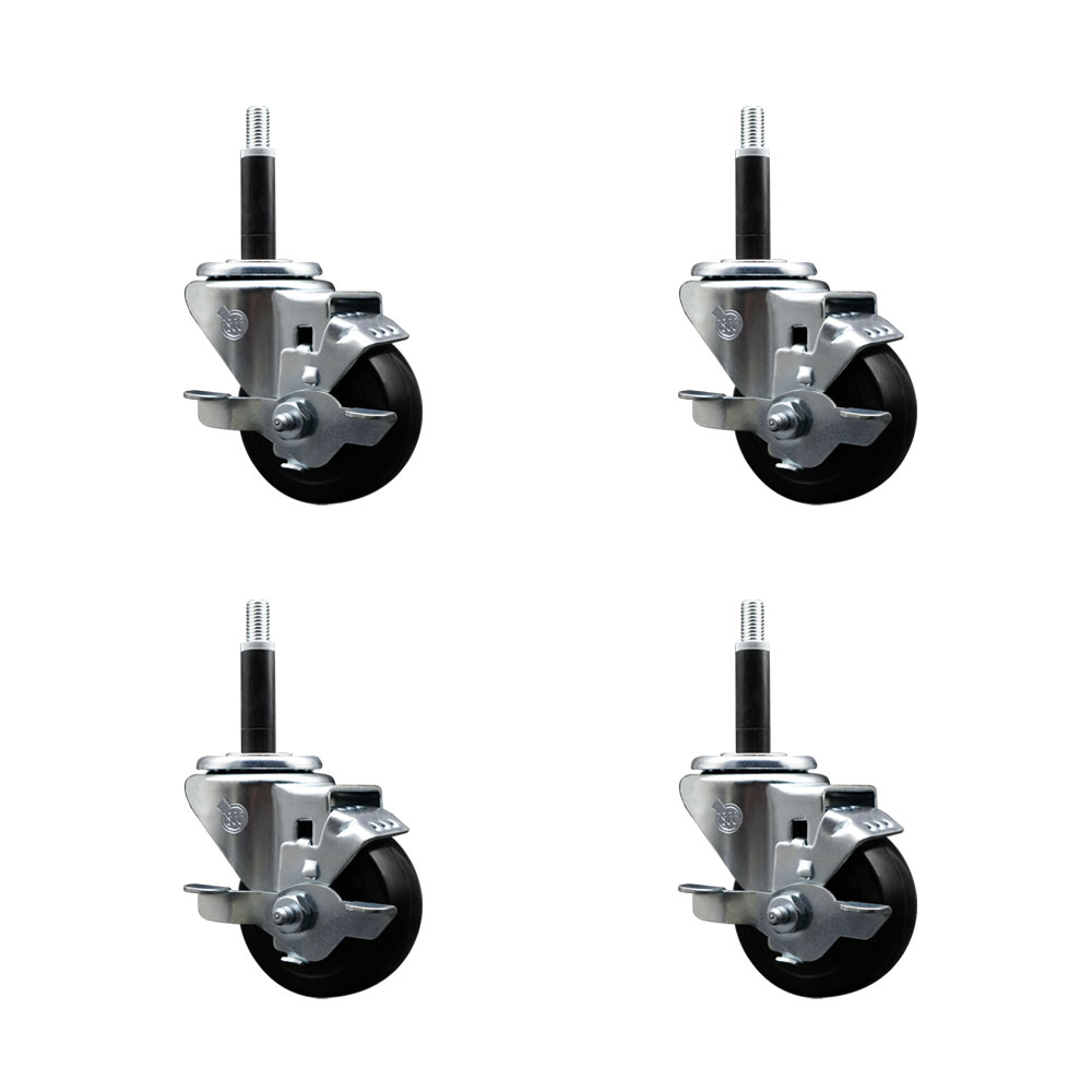 Soft Rubber Swivel Expanding Stem Caster Set of 4 with 3 Inch Black Wheels and 3/4" Stems - Includes 4 Swivel with Top Locking Brakes - 175 lbs. Capacity Per Caster - Service Caster Brand — photo 1