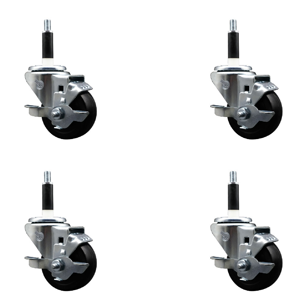 Stainless Steel Hard Rubber Swivel Expanding Stem Caster Set of 4 w/3" x 1.25" Black Wheels and 7/8" Stems - Includes 4 with Top Lock Brakes - 1100 lbs Total Capacity - Service Caster Brand — photo 1