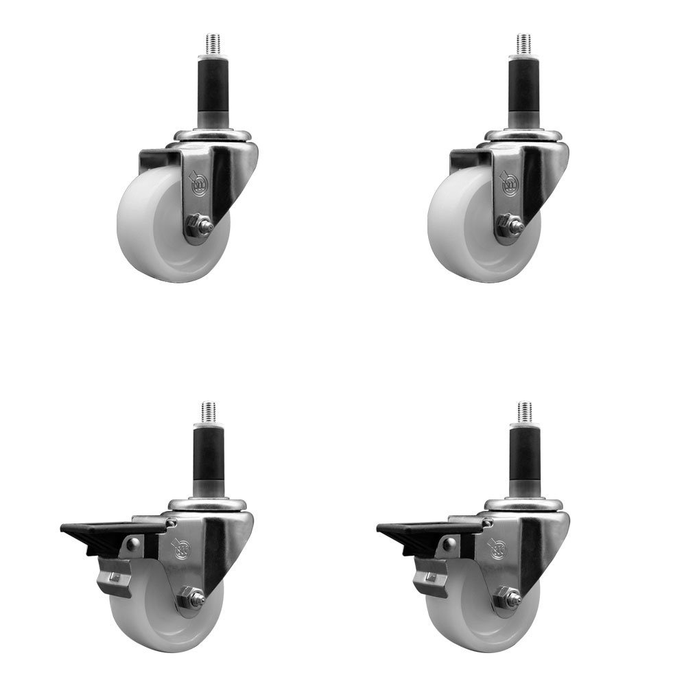 Nylon Swivel Expanding Stem Caster Set of 4 with 3 Inch White Wheel and 1-1/8" Stems  - Includes 2 Swivel with Posi Locking Brakes and 2 Swivel - 1200 lbs. Total Capacity - Service Caster Brand — photo 1