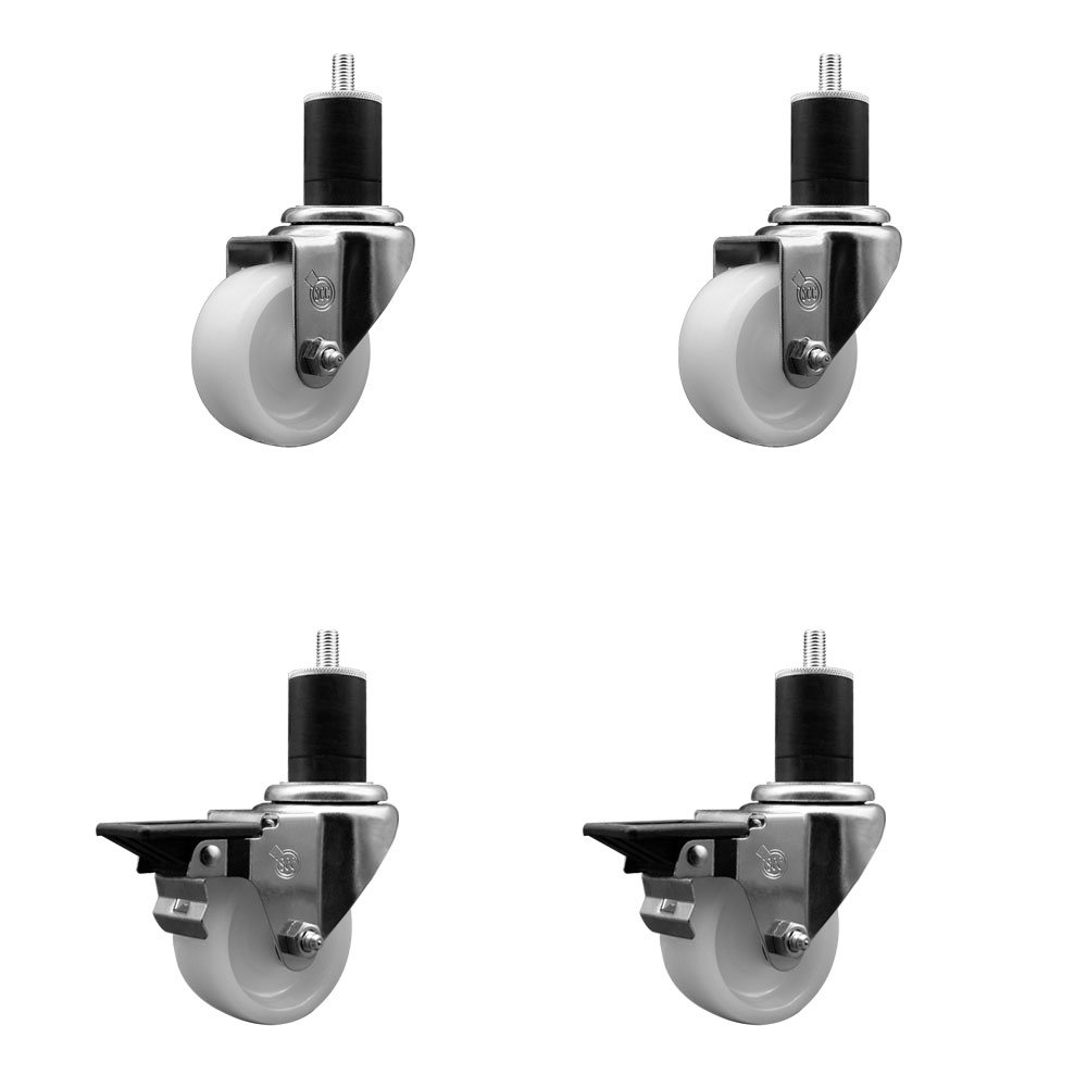 Nylon Swivel Expanding Stem Caster Set of 4 with 3 Inch White Wheel and 1-3/4" Stems  - Includes 2 Swivel with Posi Locking Brakes and 2 Swivel - 1200 lbs. Total Capacity - Service Caster Brand — photo 1
