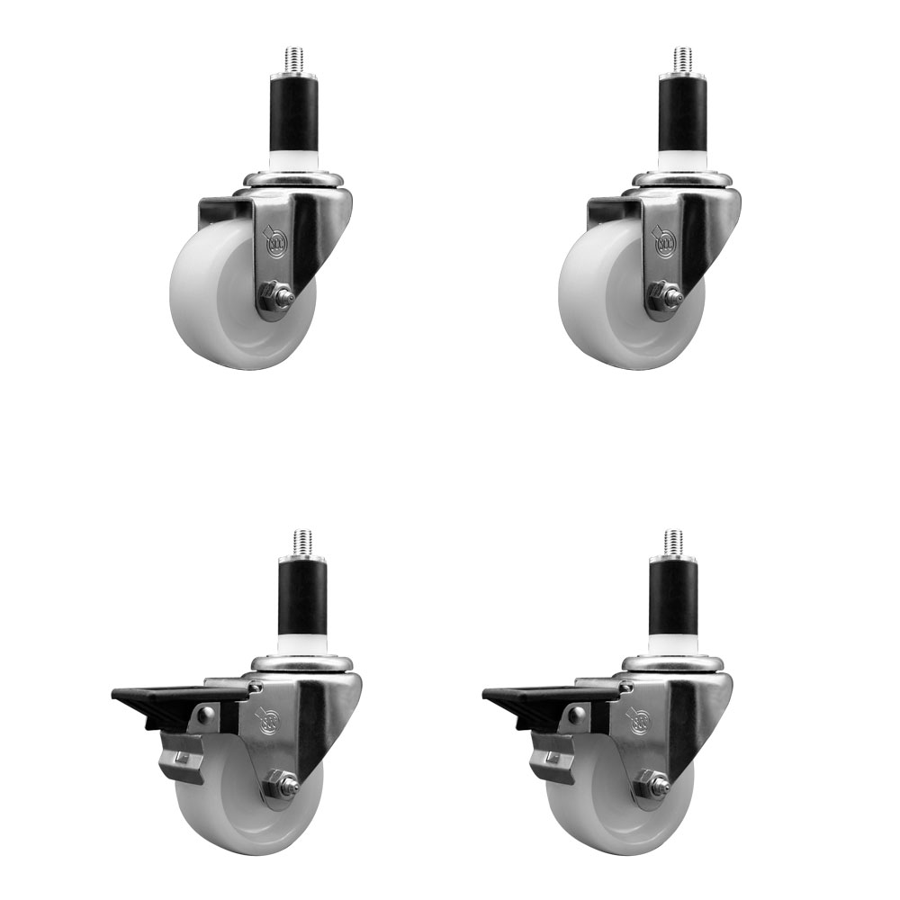 Nylon Swivel Expanding Stem Caster Set of 4 with 3 Inch White Wheel and 1-3/8" Stems  - Includes 2 Swivel with Posi Locking Brakes and 2 Swivel - 1200 lbs. Total Capacity - Service Caster Brand — photo 1