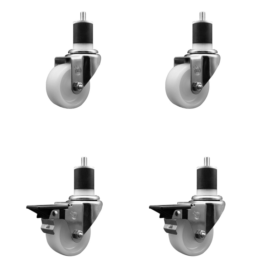 Nylon Swivel Expanding Stem Caster Set of 4 with 3 Inch White Wheel and 1-7/8" Stems - Includes 2 Swivel with Posi Locking Brakes and 2 Swivel - 1200 lbs. Total Capacity - Service Caster Brand — photo 1