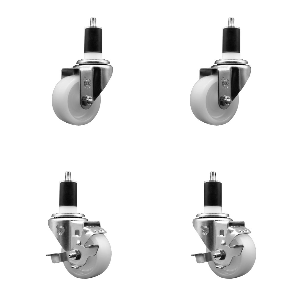 Nylon Swivel Expanding Stem Caster Set of 4 with 3 Inch White Wheel and 1-1/2" Stems  - Includes 2 Swivel with Top Locking Brakes and 2 Swivel - 1200 lbs. Total Capacity - Service Caster Brand — photo 1