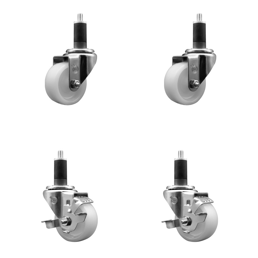 Nylon Swivel Expanding Stem Caster Set of 4 with 3 Inch White Wheel and 1-1/4" Stems  - Includes 2 Swivel with Top Locking Brakes and 2 Swivel - 1200 lbs. Total Capacity - Service Caster Brand — photo 1