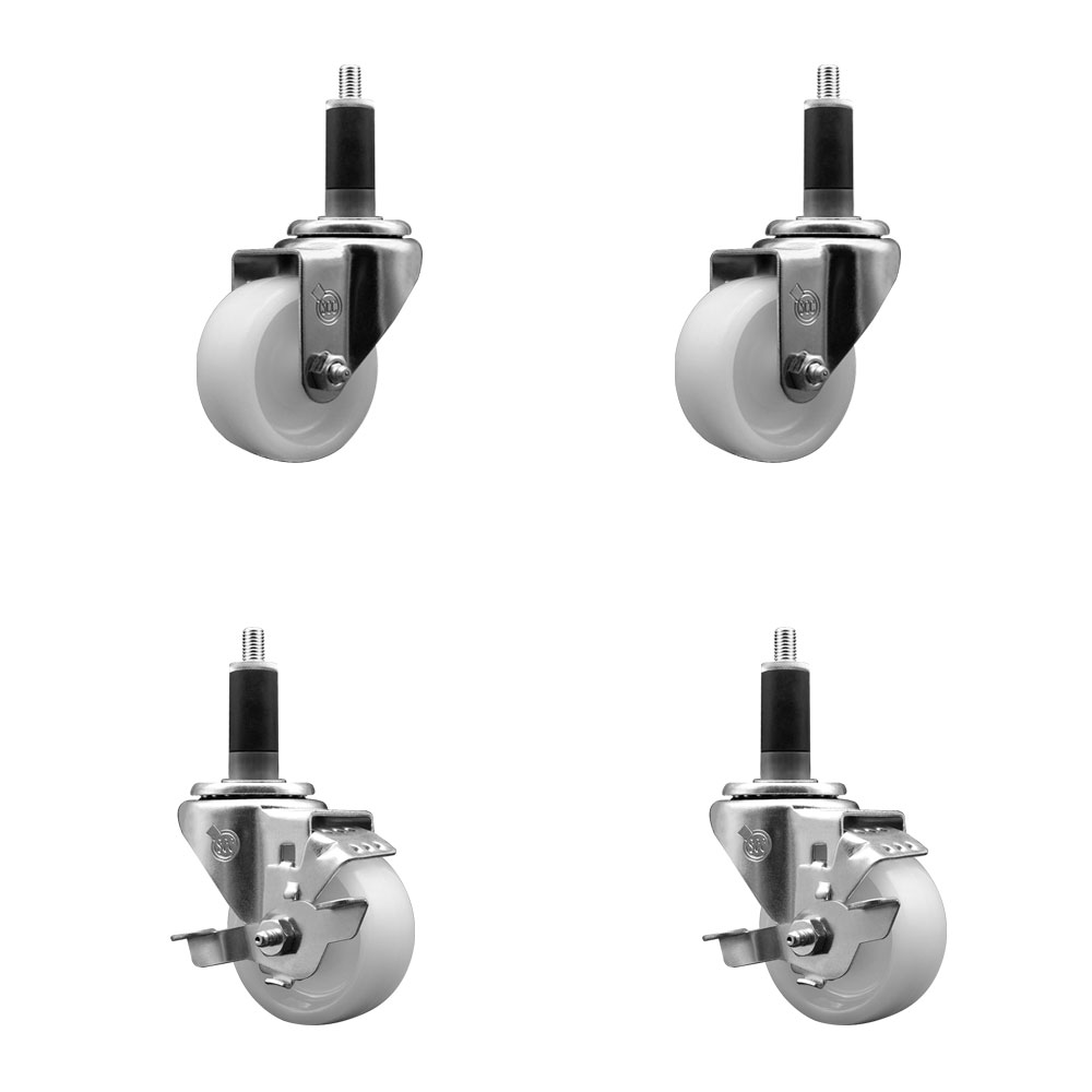 Nylon Swivel Expanding Stem Caster Set of 4 with 3 Inch White Wheel and 1-1/8" Stems - Includes 2 Swivel with Top Locking Brakes and 2 Swivel - 1200 lbs. Total Capacity - Service Caster Brand — photo 1