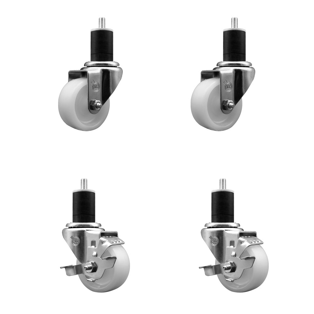 Nylon Swivel Expanding Stem Caster Set of 4 with 3 Inch White Wheel and 1-3/4" Stems  - Includes 2 Swivel with Top Locking Brakes and 2 Swivel - 1200 lbs. Total Capacity - Service Caster Brand — photo 1