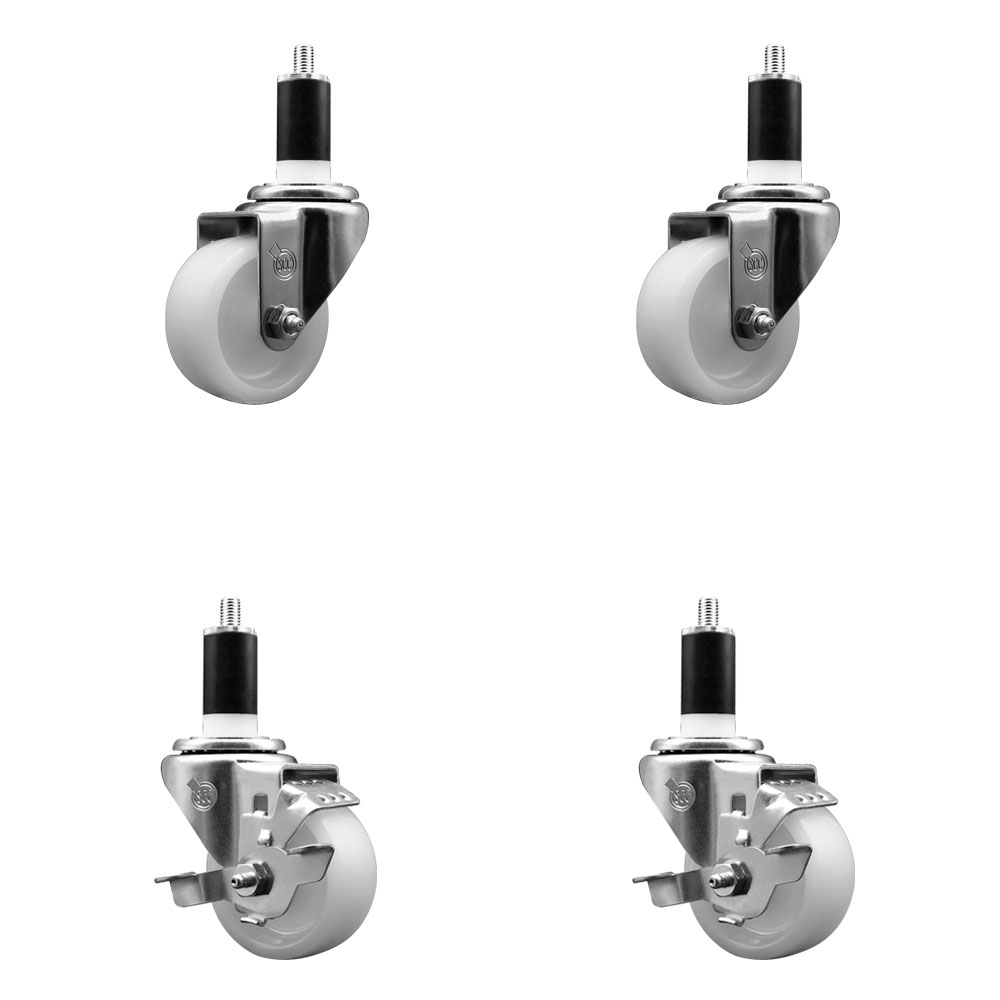 Nylon Swivel Expanding Stem Caster Set of 4 with 3 Inch White Wheel and 1-3/8" Stems  - Includes 2 Swivel with Top Locking Brakes and 2 Swivel - 1200 lbs. Total Capacity - Service Caster Brand — photo 1
