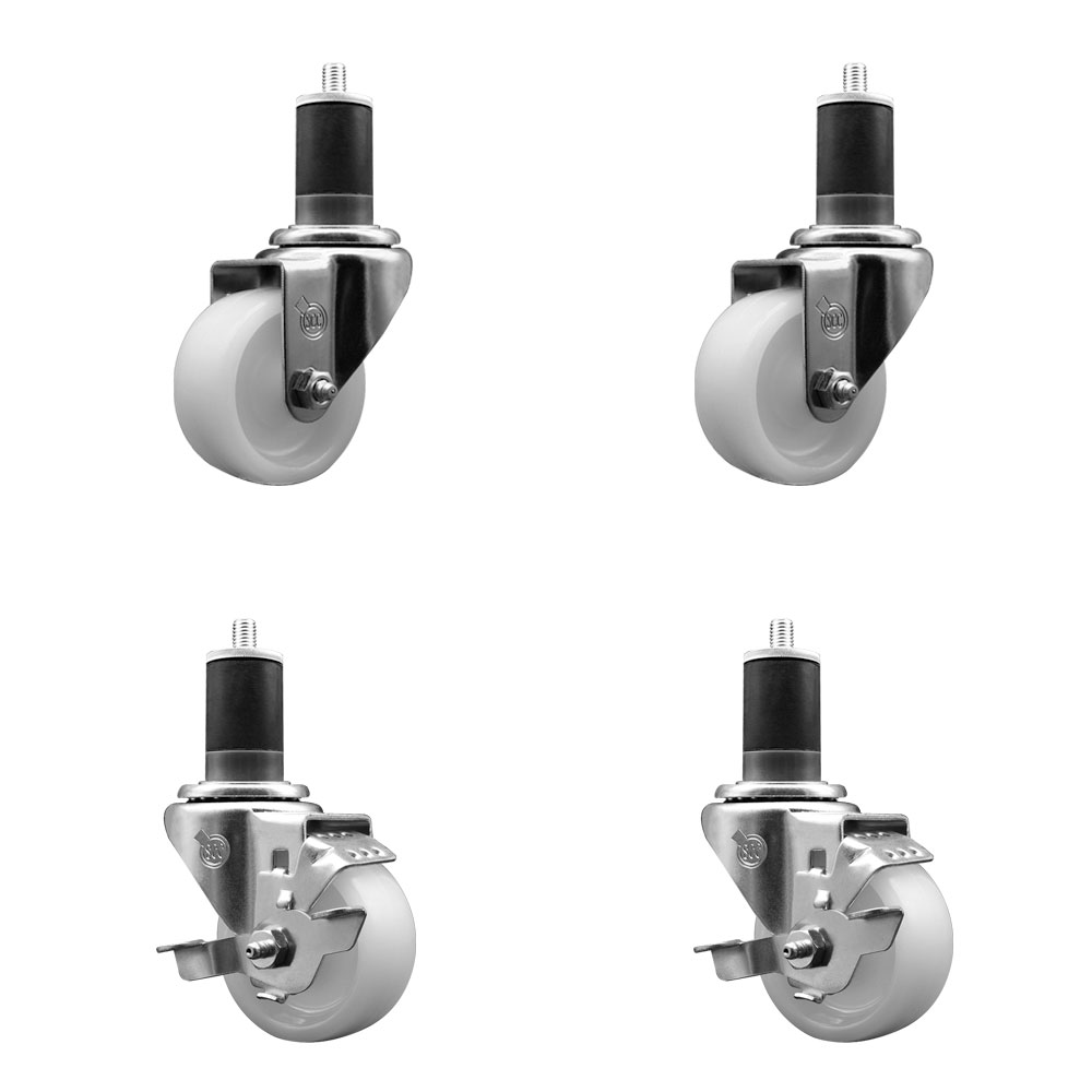 Stainless Steel Nylon Swivel Expanding Stem Caster Set of 4 with 3 Inch White Wheels and 1-5/8" Stems  - Includes 4 Swivel with Top Lock Brakes - 1200 lbs. Total Capacity - Service Caster Brand — photo 1