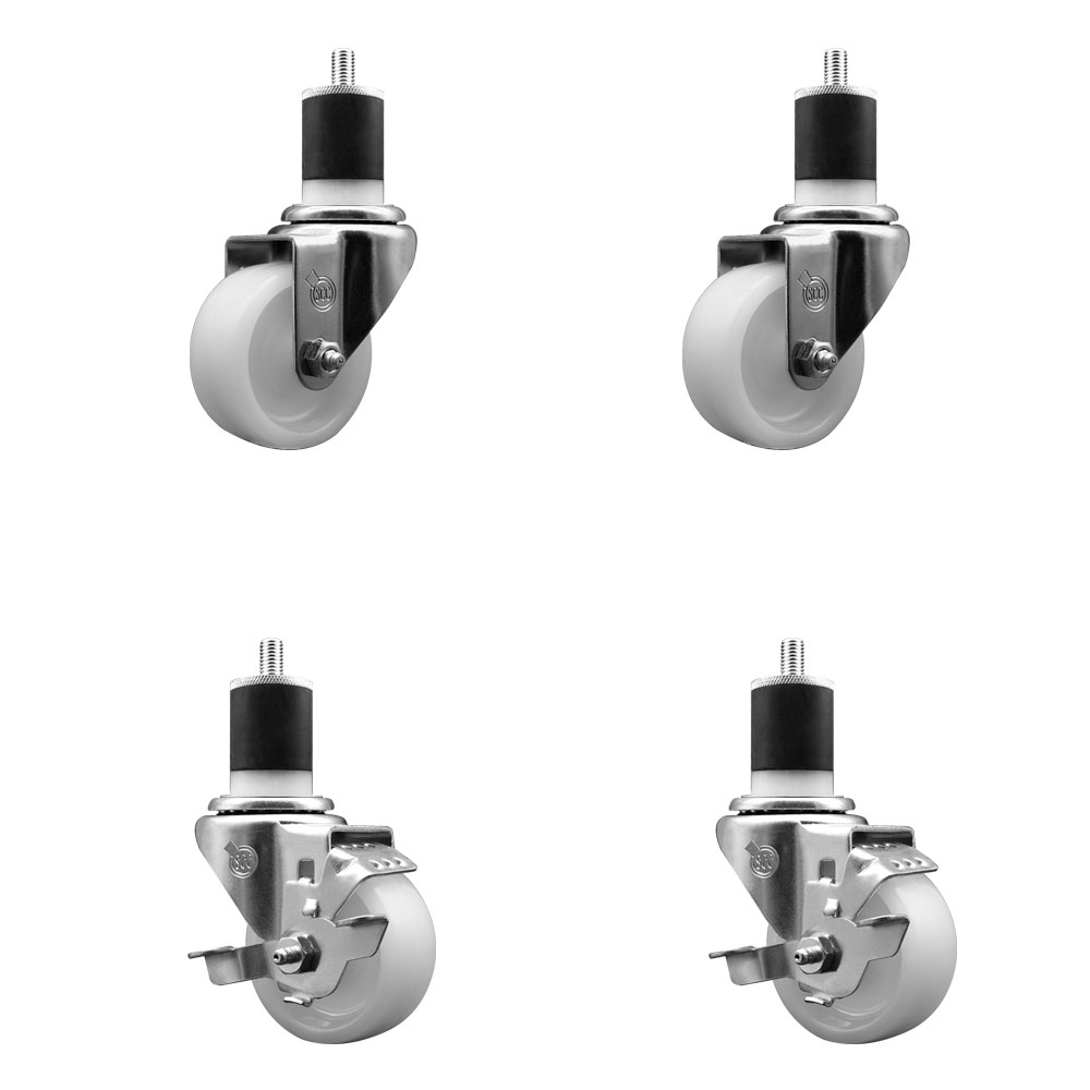 Nylon Swivel Expanding Stem Caster Set of 4 with 3 Inch White Wheel and 1-7/8" Stems  - Includes 2 Swivel with Top Locking Brakes and 2 Swivel - 1200 lbs. Total Capacity - Service Caster Brand — photo 1