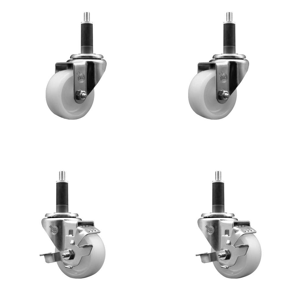 Stainless Steel Nylon Swivel Expanding Stem Caster Set of 4 with 3 Inch White Wheels and 1" Stems - Includes 2 Swivel with Top Locking Brakes - 1200 lbs. Total Capacity - Service Caster Brand — photo 1