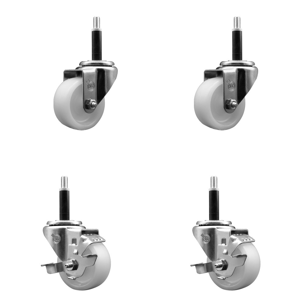 Nylon Swivel Expanding Stem Caster Set of 4 with 3 Inch White Wheel and 3/4" Stems  - Includes 2 Swivel with Top Locking Brakes and 2 Swivel - 1200 lbs. Total Capacity - Service Caster Brand — photo 1