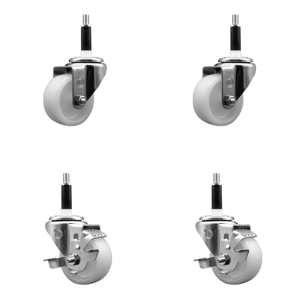 Nylon Swivel Expanding Stem Caster Set of 4 with 3 Inch White Wheel and 7/8" Stems  - Includes 2 Swivel with Top Locking Brakes and 2 Swivel - 1200 lbs. Total Capacity - Service Caster Brand — photo 1