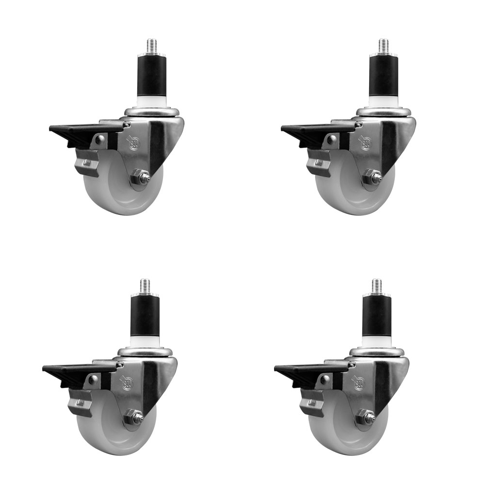 Nylon Swivel Expanding Stem Caster Set of 4 with 3 Inch White Wheel and 1-1/2" Stems - Includes 4 Swivel with Posi Lock Brakes - 1200 lbs. Total Capacity - Service Caster Brand — photo 1