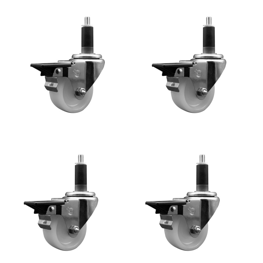 Nylon Swivel Expanding Stem Caster Set of 4 with 3 Inch White Wheel and 1-1/8" Stems - Includes 4 Swivel with Posi Lock Brakes - 1200 lbs. Total Capacity - Service Caster Brand — photo 1