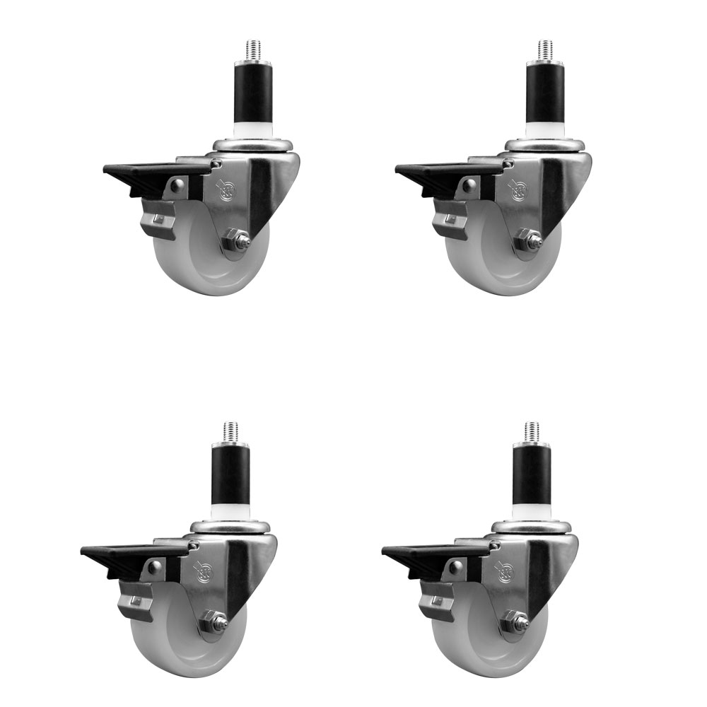 Nylon Swivel Expanding Stem Caster Set of 4 with 3 Inch White Wheel and 1-3/8" Stems - Includes 4 Swivel with Posi Lock Brakes - 1200 lbs. Total Capacity - Service Caster Brand — photo 1