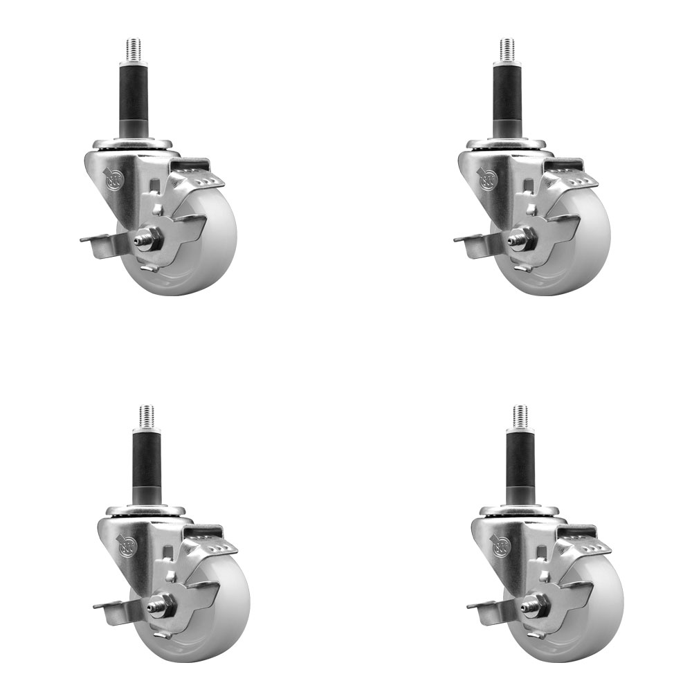 Nylon Swivel Expanding Stem Caster Set of 4 with 3 Inch White Wheel and 1" Stems - Includes 4 Swivel with Top Lock Brakes - 1200 lbs. Total Capacity - Service Caster Brand — photo 1