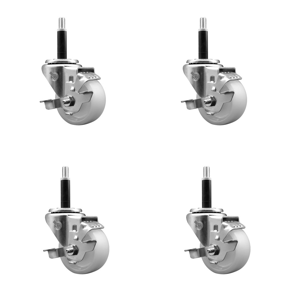 Stainless Steel Nylon Swivel Expanding Stem Caster Set of 4 with 3 Inch White Wheels and 3/4" Stems  - Includes 4 Swivel with Top Lock Brakes - 1200 lbs. Total Capacity - Service Caster Brand — photo 1