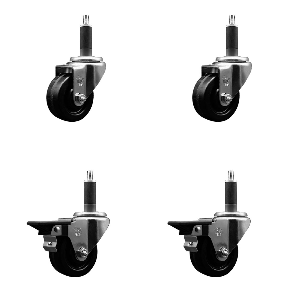 Phenolic Swivel Expanding Stem Caster Set of 4 with 3 Inch Black Wheels and 1" Stems - Includes 2 with Posi Locking Brakes - 1200 lbs Total Capacity - Service Caster Brand — photo 1