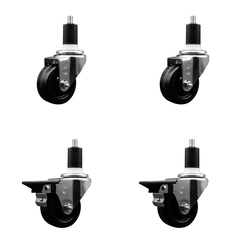 Phenolic Swivel Expanding Stem Caster Set of 4 w/Roller Bearings - 3" x 1.25" Black Wheels and 1-1/2" Stems - Includes 2 with Posi Locking Brakes - 1200 lbs Total Capacity - Service Caster Brand — photo 1