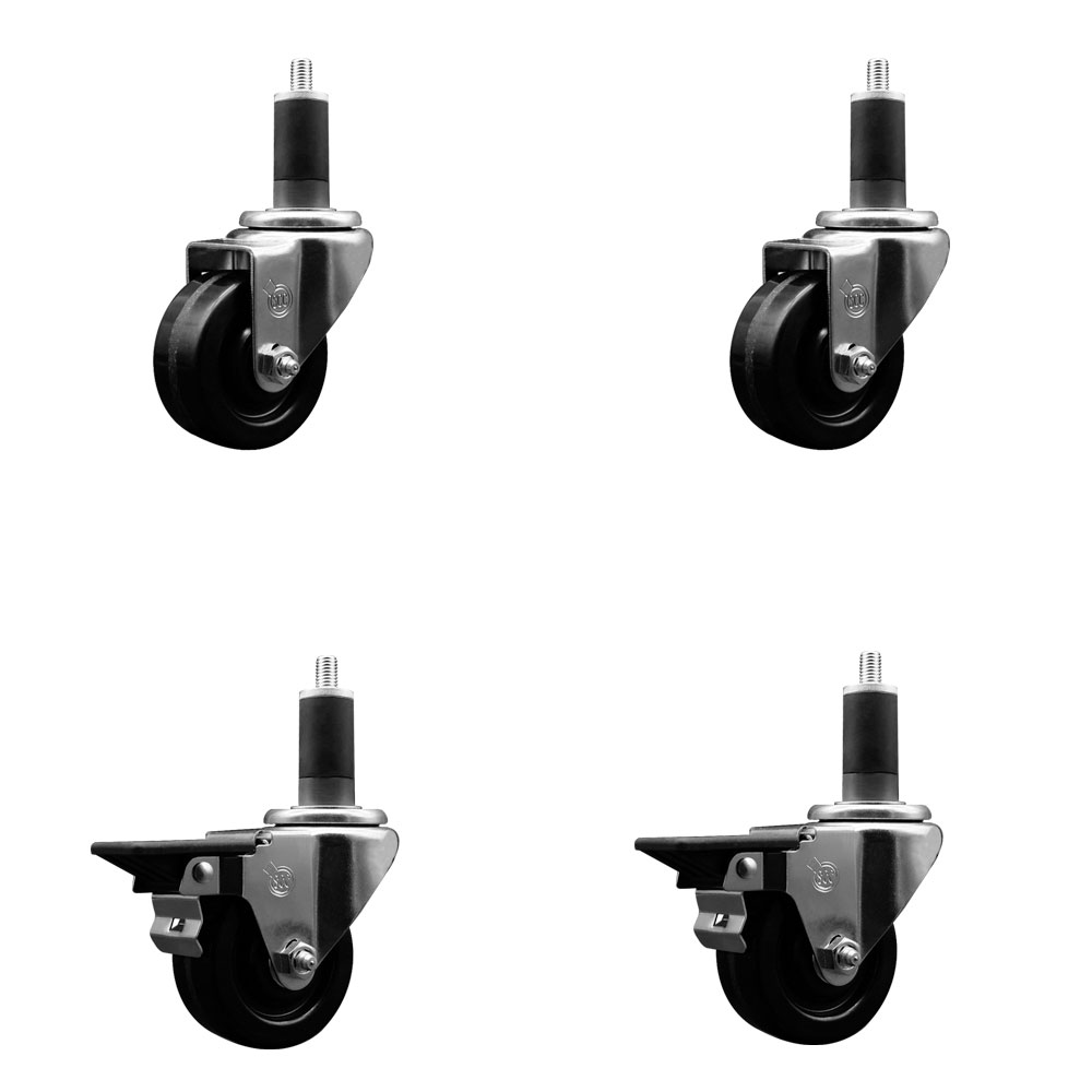 Phenolic Swivel Expanding Stem Caster Set of 4 w/Roller Bearings - 3" x 1.25" Black Wheels and 1-1/4" Stems - Includes 2 with Posi Locking Brakes - 1200 lbs Total Capacity - Service Caster Brand — photo 1