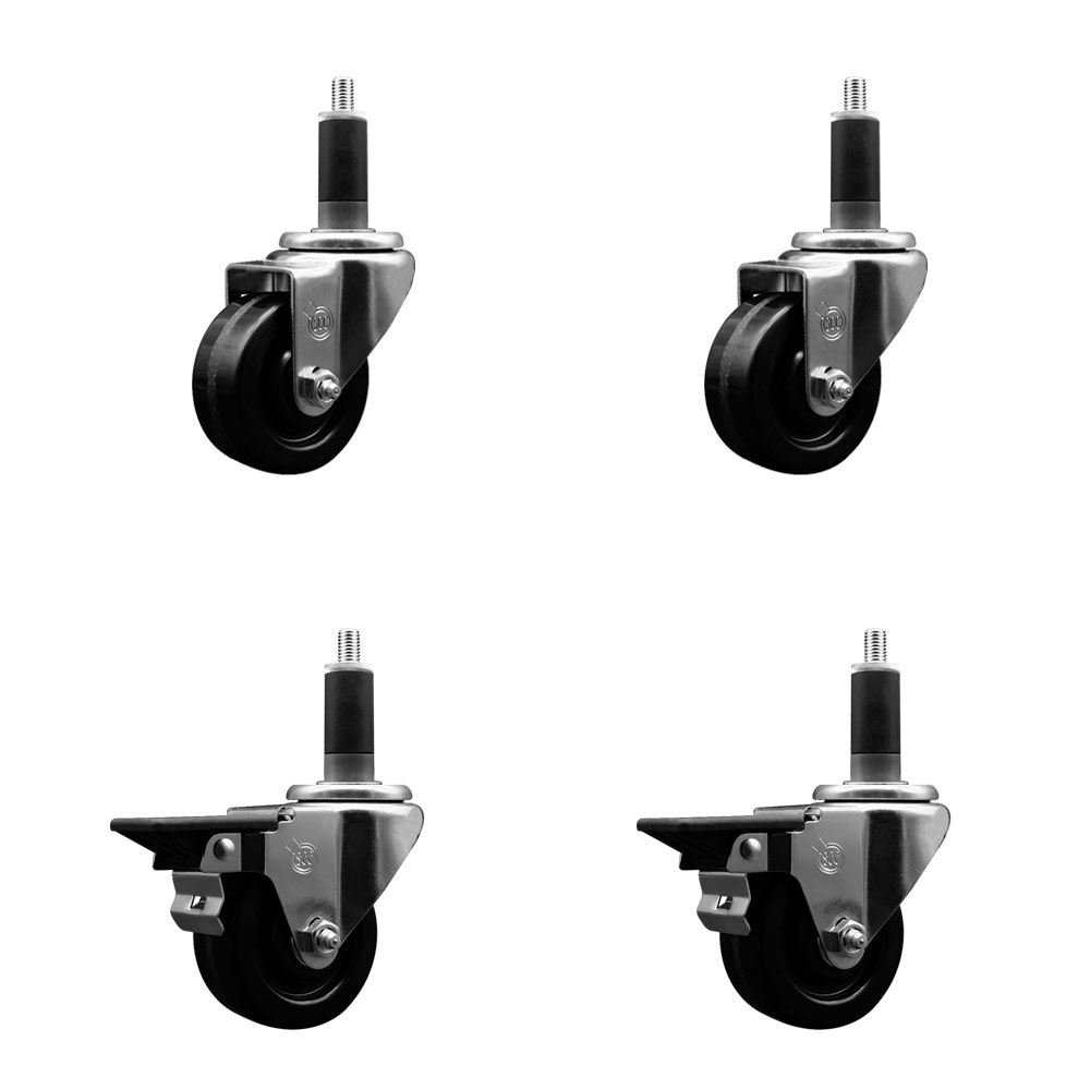 Phenolic Swivel Expanding Stem Caster Set of 4 w/Roller Bearings - 3" x 1.25" Black Wheels and 1-1/8" Stems - Includes 2 with Posi Locking Brakes - 1200 lbs Total Capacity - Service Caster Brand — photo 1