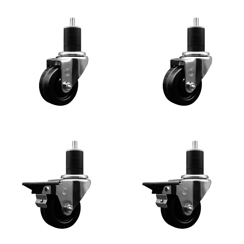 Phenolic Swivel Expanding Stem Caster Set of 4 w/Roller Bearings - 3" x 1.25" Black Wheels and 1-3/4" Stems - Includes 2 with Posi Locking Brakes - 1200 lbs Total Capacity - Service Caster Brand — photo 1